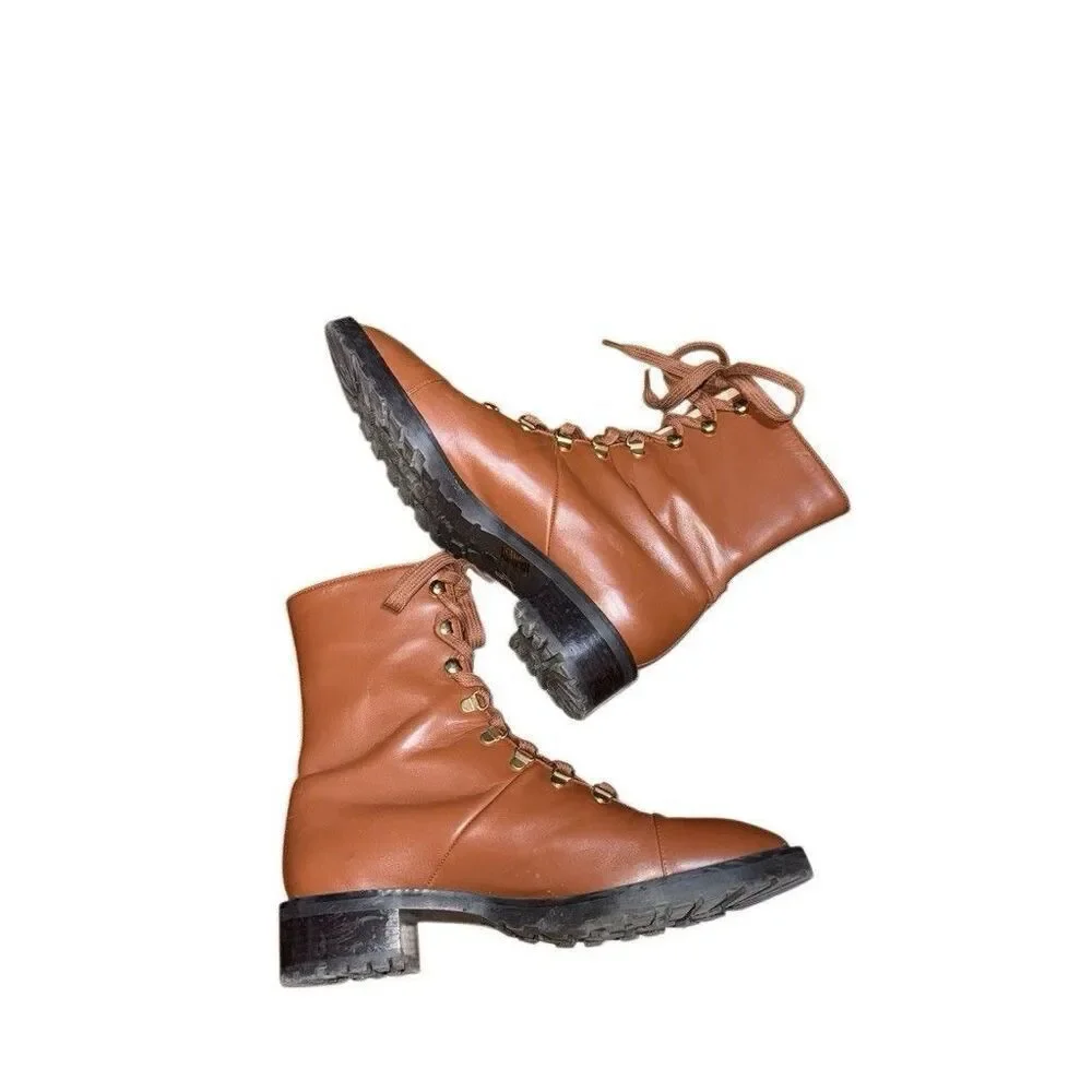 STUART WEITZMAN BROWN KOLBIE GOLD CHAIN COMBAT BOOT SZ 9.5